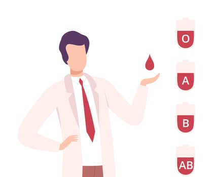 Blood Donation, Male Doctor with Drop of Blood, Bags of Different Types of Blood Illustration vector
