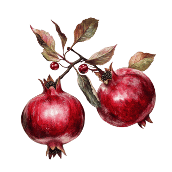 A vibrant branch of pomegranate showcasing ripe fruit on a clean transparent background, Branch of delicious Pomegranate on whtie background cutouts png