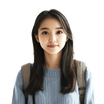 Young Asian female student wearing a sweater poses confidently with a backpack in a bright, isolated setting, young asian female student isolated on transparent background png