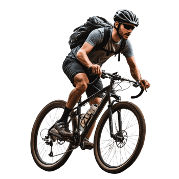 A man rides a mountain bike with a backpack, showcasing skill and determination in a dynamic outdoor setting, man riding a bike on transparent background backgroud png