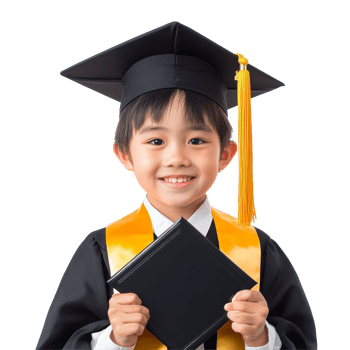Cheerful Asian school child celebrates graduation while holding diploma in bright, celebratory environment, Happy Asian school kid graduate holding graduation cap isolated transparent background png