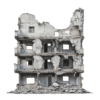 A destroyed building stands isolated on a transparent background, showcasing the impact of time and neglect on its structure, Destroyed building on transparent background png