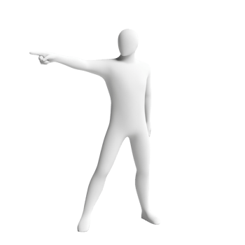 Minimalistic figure standing on a transparent background while pointing in a specific direction during a clear presentation, pointing man minimalistic simple 3d isolated on transparent background png