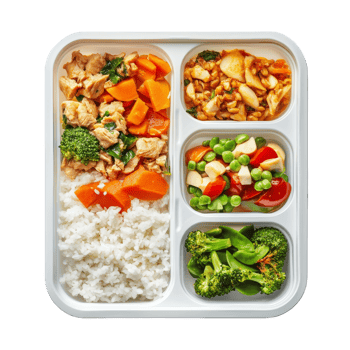 Meal prep container with balanced portions of chicken, vegetables, and rice for healthy eating, meal prep, file of isolated object with shadow on transparent background png