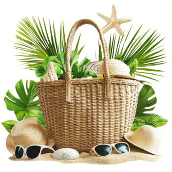 A stylish beach bag filled with accessories for a sunny day on the coast, file no background Beach bag with accessories and tropical beach png