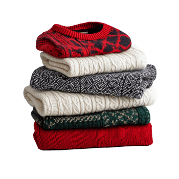 A cozy stack of assorted sweaters in festive colors neatly arranged on a transparent background, sweaters stacked group on transparent background png