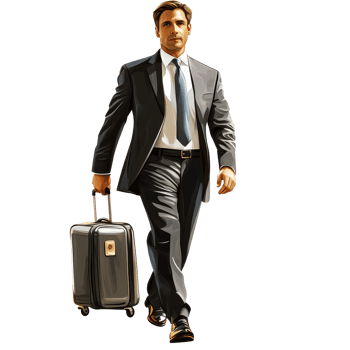 Businessman in a suit traveling confidently with a suitcase on a professional journey, file no background Businessman traveling with a trolley bag png