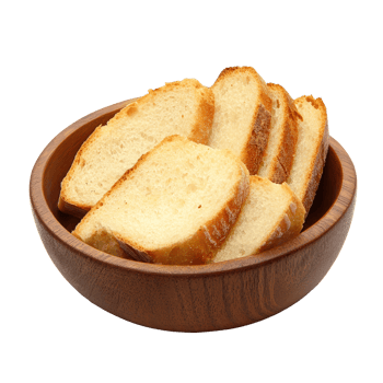 Crispy slices of bread arranged artistically in a wooden bowl on a clean transparent background, perfect for culinary presentations or rustic dining, Crispy Bread in wood bowl on transparent png