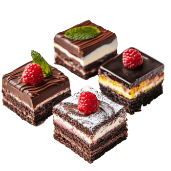 Indulgent chocolate raspberry black forest and lemon cakes arranged beautifully on a transparent plate, Chocolate, Raspberry Chocolate, Black Forest, and Lemon Cakes on transparent background png
