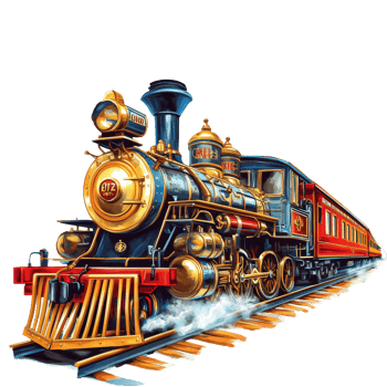 A colorful vintage steam train in motion, showcasing classic design and atmosphere as it travels along the tracks, train in motion illustrationisolated on transparent background png