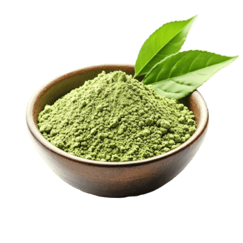 Matcha green tea powder in a bowl with fresh leaves, perfect for ceremonial tea preparation, powdered matcha green tea in bowl and leaf isolated on transparent background png