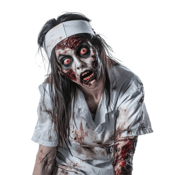 Zombie nurse with eerie appearance and unsettling expression on isolated transparent background, Zombie nurse isolated on transparent background png