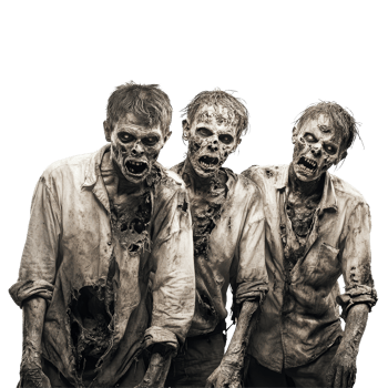 Terrifying group of zombies emerge with grotesque features against a stark transparent background, Scary zombies on transparent background png