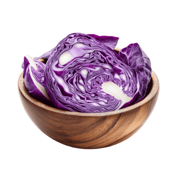 Freshly sliced purple cabbage in a wooden bowl on a clean transparent surface ready for culinary use, slice purple cabbage in wood bowl isolated on transparent background png