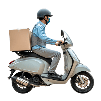 A delivery man riding a scooter with a package against a simple transparent background, a delivery man on his scooter on transparent background png