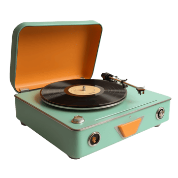 A vintage portable turntable showcasing classic design with a bright orange interior and spinning vinyl record, Retro portable turntable. png