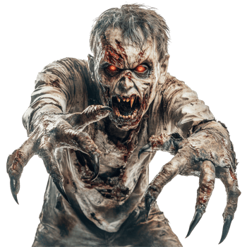 A terrifying zombie with elongated claws and glowing eyes reaches out against a stark transparent background, Scary Zombie with Claws on transparent background png