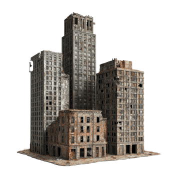 Ruined skyscraper buildings stand isolated against a transparent background showcasing urban decay and abandonment, Ruined Skyscraper Buildings Isolated on transparent background png
