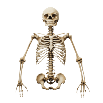 Human skeleton displayed against a transparent background for educational purposes in a clinical setting, Human bones on transparent background png