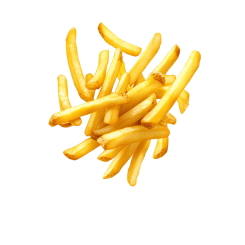 Levitating French fries flying in midair on a clean, isolated transparent background, Levitating French fries flying isolated transparent background png