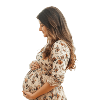 A side view of a pregnant woman gently holding her baby bump while wearing a floral dress, Pregnant Woman Side View on transparent background png