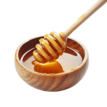 Delicious golden honey dripping from a wooden dipper into a round bowl on a light background, Honey in bowl on transparent background png