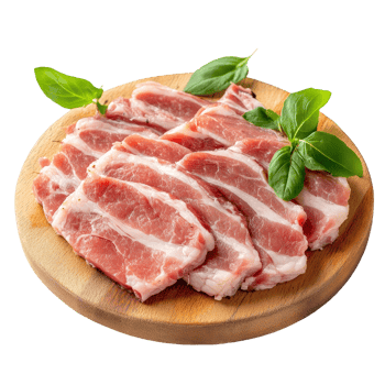 Fresh slices of pork arranged on a wooden board with basil leaves on a clean transparent background, Meat, pork, slices pork on transparent background png