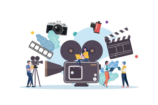 Film and media class with miniature people vector