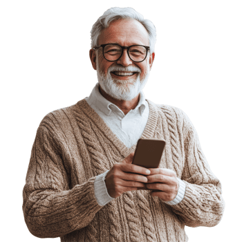 Cheerful senior man smiles while holding a smartphone against a transparent background, Smiling Senior Man with Phone on transparent background png