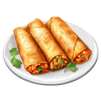 Deliciously fried traditional Chinese spring rolls served on a transparent plate garnished with fresh herbs, Fried Chinese Traditional Spring rolls food on transparent background png