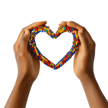 African hands create a heart shape using a colorful beaded bracelet made of various beads, African Hands with Beaded Bracelet Forming Heart Shape on transparent background png