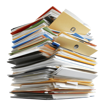 A cluttered pile of diverse folders and paperwork on a transparent background showcasing disorganization and workload, Pile of folders and paperwork png