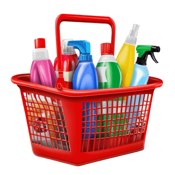 Red shopping basket filled with colorful cleaning supplies for home organization and maintenance needs, file no background Red shopping basket with cleaning products png