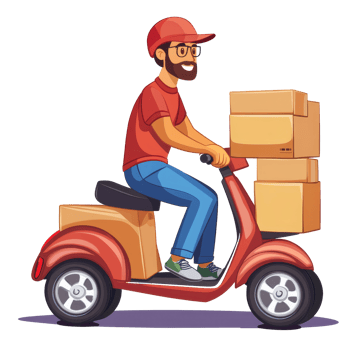 A courier riding a scooter delivering boxes on a sunny day in a busy urban area, file no background Courier delivering boxes to a customer png
