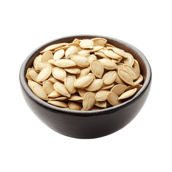A bowl filled with raw pumpkin seeds set against a clean transparent background for culinary and health purposes, Pumpkin seeds in a bowl isolated on transparent background png