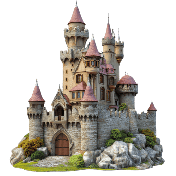 A majestic medieval fairy tale castle nestled among rocks with stunning architecture and enchanting towers, Fairy Tale Castles, Fantasy Medieval Architecture Isolated on transparent background png