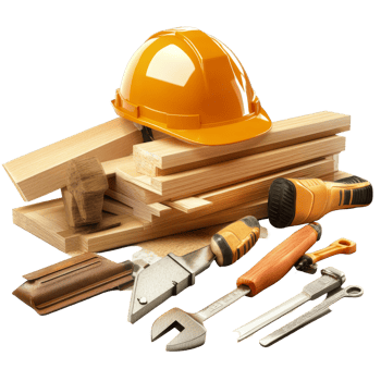 Carpentry tools arranged with a safety helmet and wood pieces on a bright surface in a workshop setting, Carpentry tools with safety helmet png