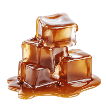 Melting caramel ice cubes creating a sweet puddle on a bright transparent background, Melting Caramel Ice Cubes on transparent background png