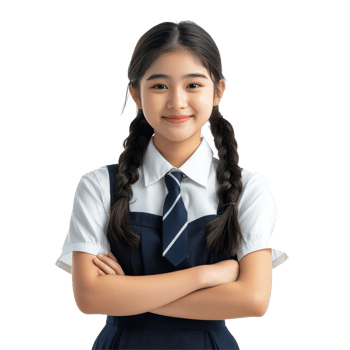 Cheerful Asian student girl in school uniform poses confidently with arms crossed in a bright setting, Happy pretty Asian student girl in school uniform isolated transparent background png