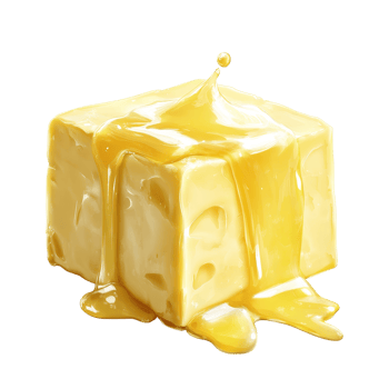 Melting butter block dripping with golden liquid against a bright transparent background, Butter melting isolated png