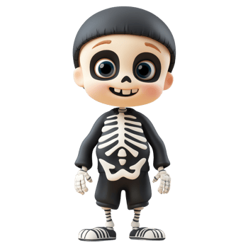 A cartoon boy in a skeleton costume stands alone against a bright transparent background, 3D cartoon boy disguised as skeleton, isolated on transparent background png
