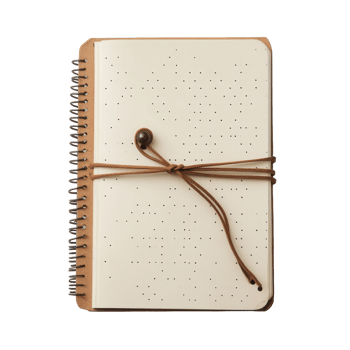 A looped spine notebook with a unique dot pattern and a leather tie, perfect for creative writing and notetaking, The notebook has a dot point with a looped spine on transparent backgroundfile png