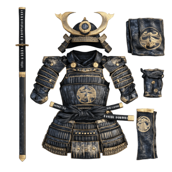 Detailed samurai armor set with helmet and katana displayed on a transparent background for cultural appreciation, Samurai Armor Set with Helmet and Katana, transparent background png