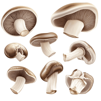 Different cuts and views of sliced mushrooms displayed on a transparent background, Set Sliced Mushrooms, Different Cuts and Views, Isolated on transparent background png