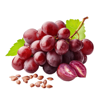 Fresh red grapes with seeds and green leaves isolated on a clean transparent background, Red grape with seeds isolated on transparent background png