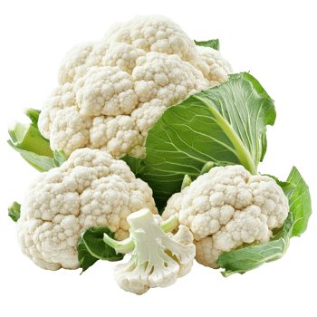 Fresh cauliflower heads with green leaves isolated on a transparent background, showcasing the vegetables natural texture and color, Cauliflower vegetables isolated on a transparent background png