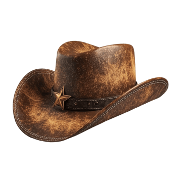 A vintage cowboy hat with a star embellishment resting on a clean transparent background, evoking classic Western style and rugged charm, cowboy hat isolated on transparent background png
