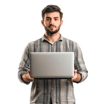 A man holds a laptop against a transparent background while standing confidently, ready for a presentation or discussion, Man holding the laptop on transparent backgroundfile png