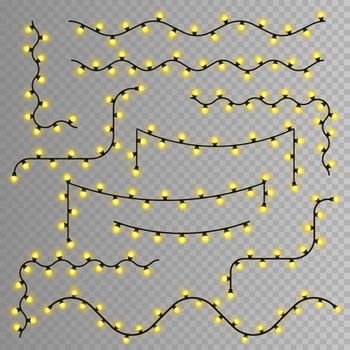 Yellow Christmas lights set. Glowing garlands isolated design elements. For greeting card and holidays decoration. Illustration. vector