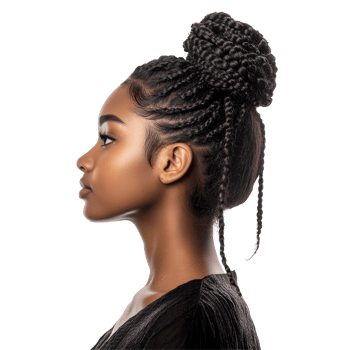 A profile portrait of a black African woman showcasing an elegant braided hairstyle in a studio setting, portrait of a black african woman with curly long braids bun hair isolated on transparent png